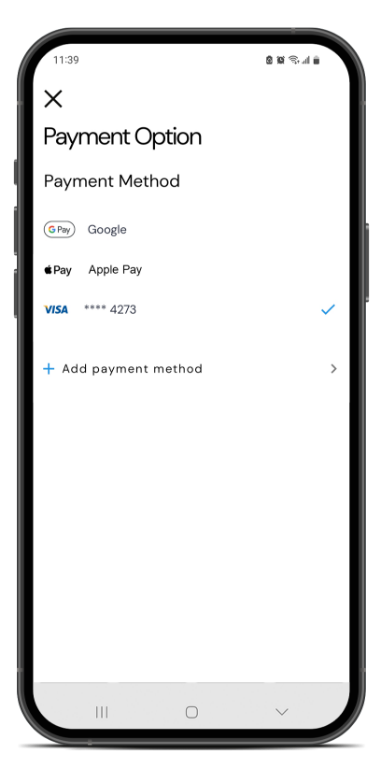 APT rides app payment options page